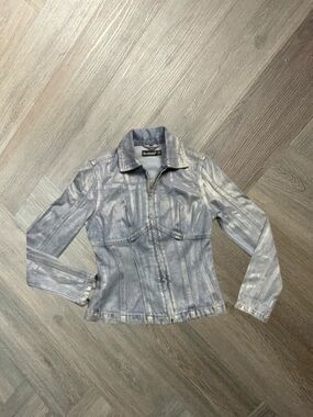 BlankNYC Metallic Coated Denim Zip Up Moto Jacket Womens XS Blue Silver Indie